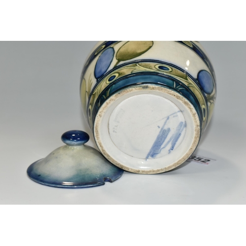 352 - A MOORCROFT POTTERY 'BANDED HONESTY' PATTERN POT, circa 1930, the main central blue and green design... 