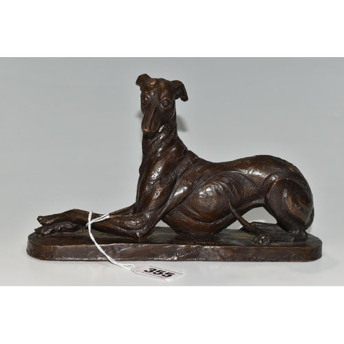 355 - A BRONZED RESIN FIGURE OF A GREYHOUND, comprising a resting greyhound, height 13.5cm x length 22cm, ... 