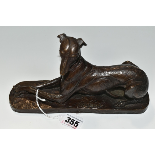 355 - A BRONZED RESIN FIGURE OF A GREYHOUND, comprising a resting greyhound, height 13.5cm x length 22cm, ... 