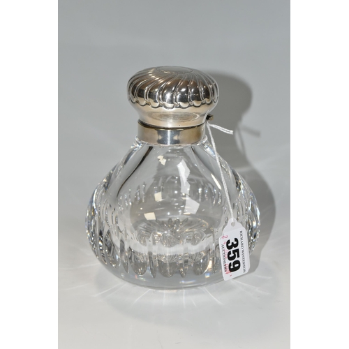 359 - A LARGE EDWARDIAN SCENT BOTTLE, a cut crystal tear shaped bottle with a hinged silverplate lid, heig... 