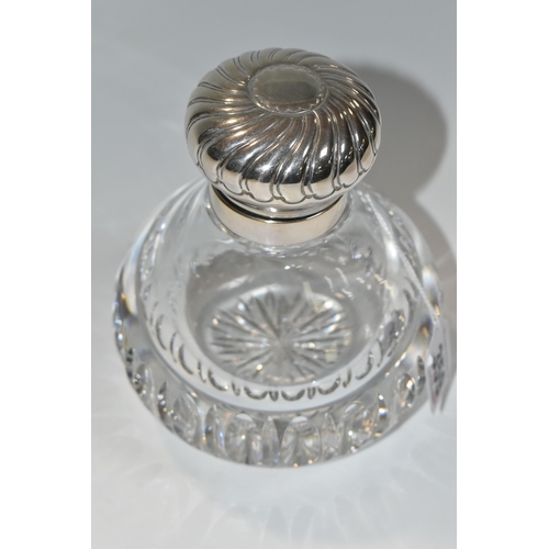 359 - A LARGE EDWARDIAN SCENT BOTTLE, a cut crystal tear shaped bottle with a hinged silverplate lid, heig... 