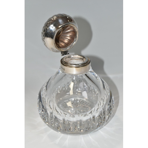 359 - A LARGE EDWARDIAN SCENT BOTTLE, a cut crystal tear shaped bottle with a hinged silverplate lid, heig... 