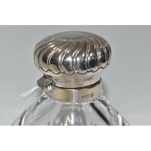 359 - A LARGE EDWARDIAN SCENT BOTTLE, a cut crystal tear shaped bottle with a hinged silverplate lid, heig... 