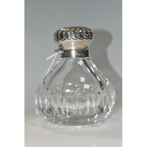 359 - A LARGE EDWARDIAN SCENT BOTTLE, a cut crystal tear shaped bottle with a hinged silverplate lid, heig... 