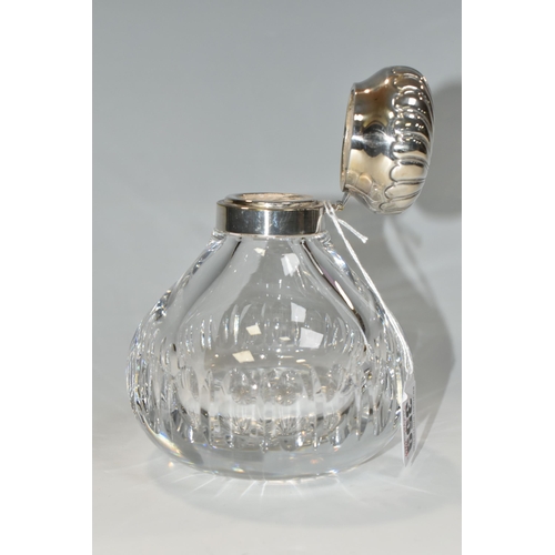 359 - A LARGE EDWARDIAN SCENT BOTTLE, a cut crystal tear shaped bottle with a hinged silverplate lid, heig... 