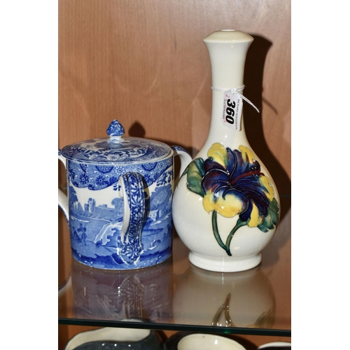 360 - A MOORCROFT POTTERY 'HIBISCUS' PATTERN TABLE LAMP BASE, decorated with blue and yellow hibiscus on a... 