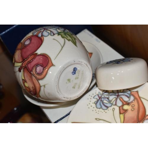 361 - A BOXED MOORCROFT POTTERY 'BUTTERFLY' PATTERN GINGER JAR AND TWO BOXED TRINKET DISHES, designed by S... 