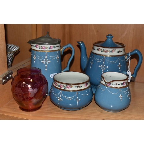 366 - A TWENTIETH CENTURY TEA SET, comprising teapot, teapot stand, milk jug, sugar basin (hairline crack)... 