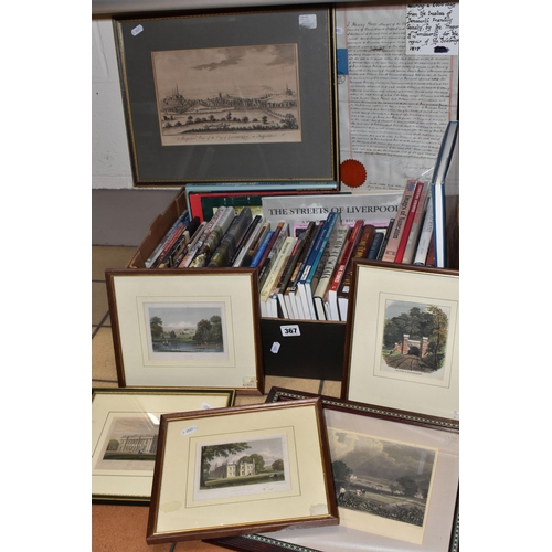 367 - ONE BOX OF BOOKS, A FRAMED INDENTURE AND FRAMED PRINTS, comprising a mortgage document dated 1878 se... 