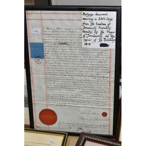 367 - ONE BOX OF BOOKS, A FRAMED INDENTURE AND FRAMED PRINTS, comprising a mortgage document dated 1878 se... 