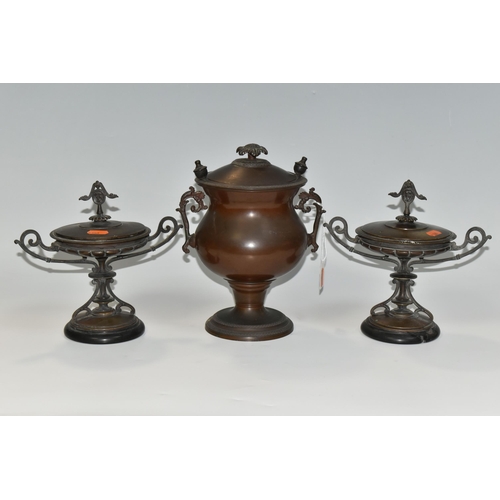 370 - A BRONZED URN AND A PAIR OF GARNITURES, comprising bronzed urn with cover and inner liner, height 23... 