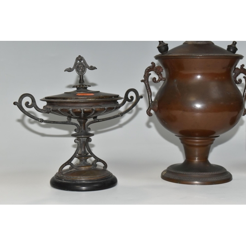 370 - A BRONZED URN AND A PAIR OF GARNITURES, comprising bronzed urn with cover and inner liner, height 23... 