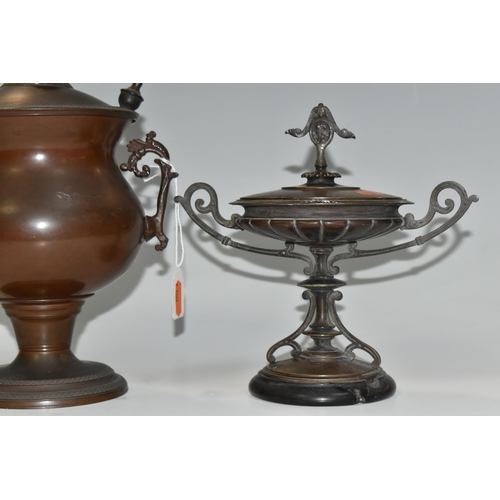 370 - A BRONZED URN AND A PAIR OF GARNITURES, comprising bronzed urn with cover and inner liner, height 23... 