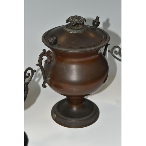 370 - A BRONZED URN AND A PAIR OF GARNITURES, comprising bronzed urn with cover and inner liner, height 23... 