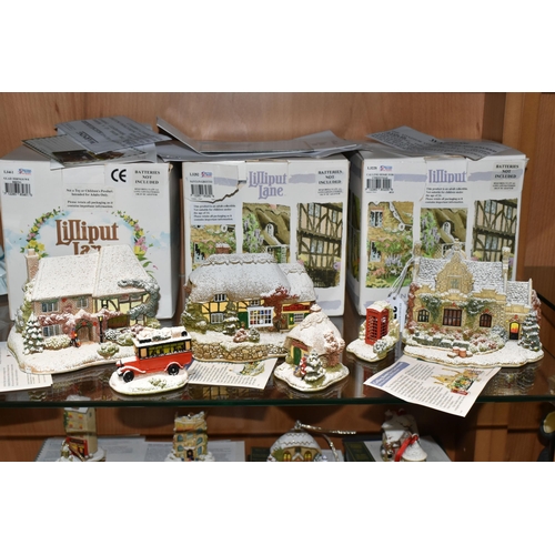 373 - THREE BOXED LILLIPUT LANE SCULPTURES FROM ILLUMINATED SNOWED/ILLUMINATED COTTAGES COLLECTIONS, all w... 