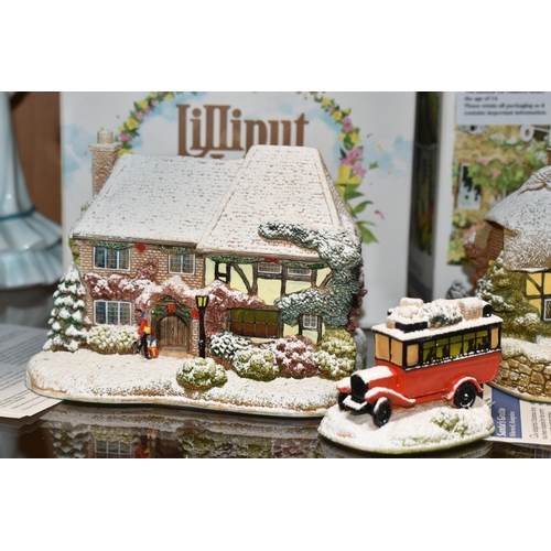 373 - THREE BOXED LILLIPUT LANE SCULPTURES FROM ILLUMINATED SNOWED/ILLUMINATED COTTAGES COLLECTIONS, all w... 