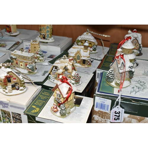 375 - FOURTEEN BOXED LILLIPUT LANE ANNUAL CHRISTMAS ORNAMENTS AND A BOXED SET OF FOUR CHRISTMAS ORNAMENTS,... 