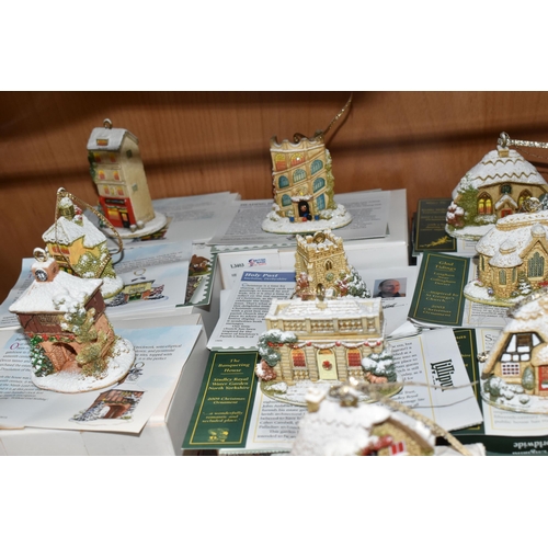 375 - FOURTEEN BOXED LILLIPUT LANE ANNUAL CHRISTMAS ORNAMENTS AND A BOXED SET OF FOUR CHRISTMAS ORNAMENTS,... 