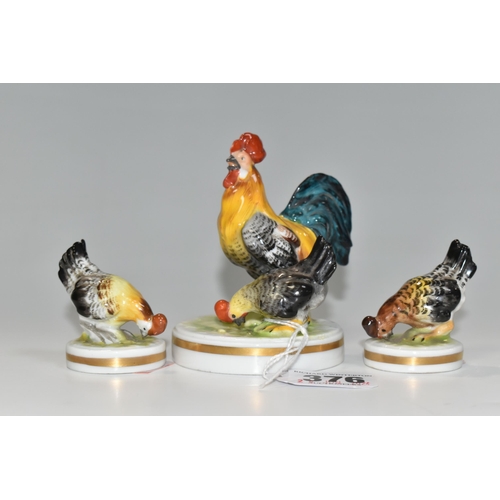 376 - THREE RUDOLSTADT PORCELAIN FIGURES OF POULTRY, comprising a figure group of a cockerel and hen, and ... 