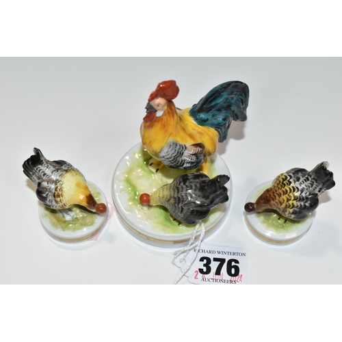 376 - THREE RUDOLSTADT PORCELAIN FIGURES OF POULTRY, comprising a figure group of a cockerel and hen, and ... 