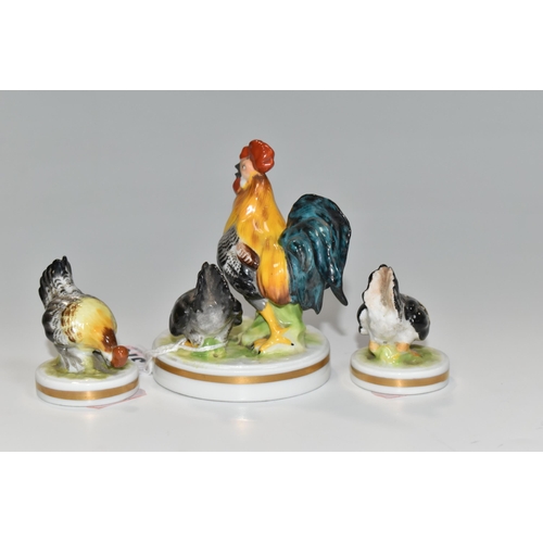 376 - THREE RUDOLSTADT PORCELAIN FIGURES OF POULTRY, comprising a figure group of a cockerel and hen, and ... 