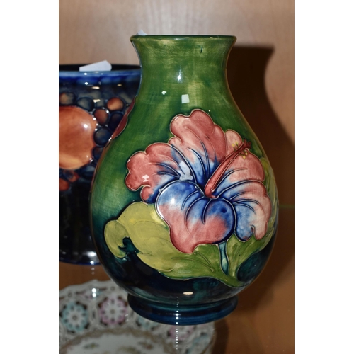 377 - FIVE MOORCROFT POTTERY VASES, all af, comprising a small Pomegranate pattern vase, height 8.5cm (sec... 