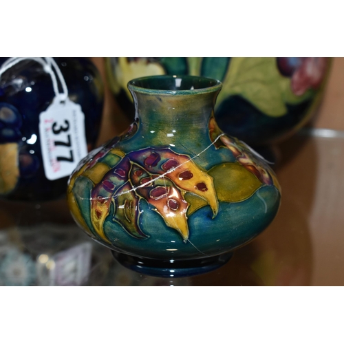 377 - FIVE MOORCROFT POTTERY VASES, all af, comprising a small Pomegranate pattern vase, height 8.5cm (sec... 