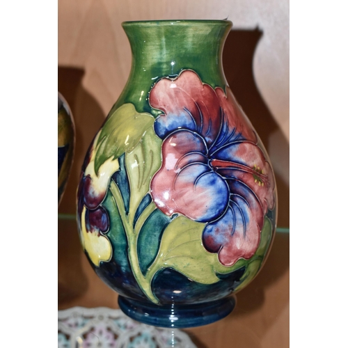 377 - FIVE MOORCROFT POTTERY VASES, all af, comprising a small Pomegranate pattern vase, height 8.5cm (sec... 