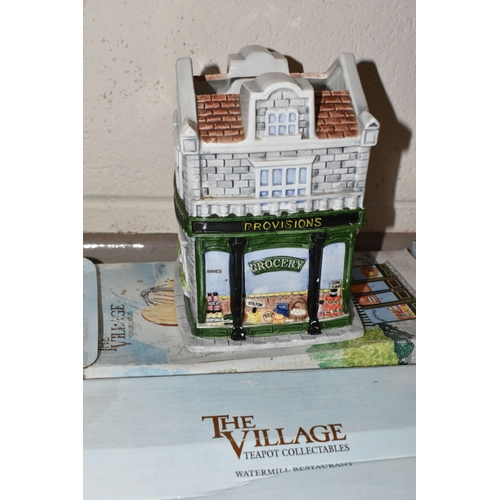 379 - TEN BOXED ANNIE ROWE 'THE VILLAGE' NOVELTY TEAPOTS AND UTENSIL JAR, all af, comprising 'Provisions/G... 