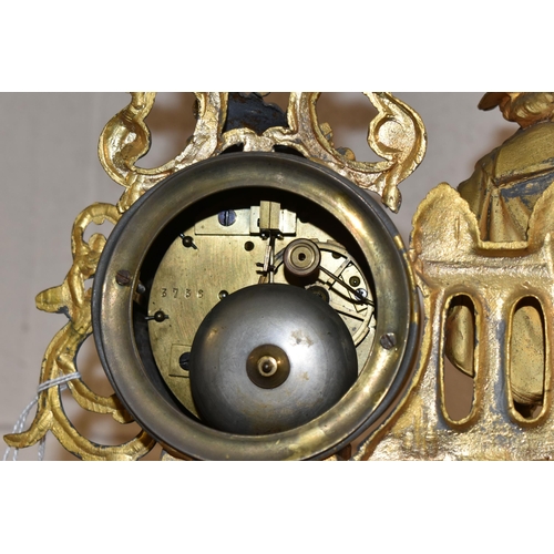 380 - TWO FRENCH ORMULU MANTEL CLOCKS, the figural eight day clocks each with a single figure and white en... 