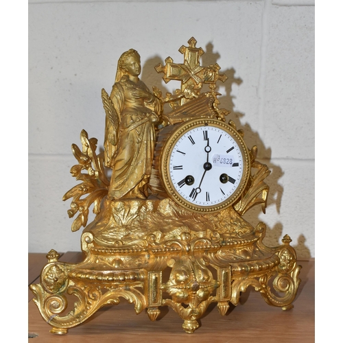 380 - TWO FRENCH ORMULU MANTEL CLOCKS, the figural eight day clocks each with a single figure and white en... 