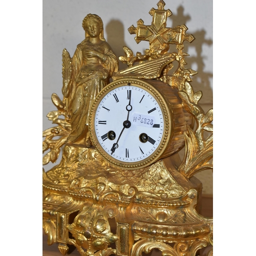 380 - TWO FRENCH ORMULU MANTEL CLOCKS, the figural eight day clocks each with a single figure and white en... 