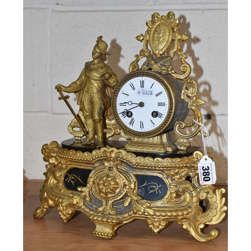 380 - TWO FRENCH ORMULU MANTEL CLOCKS, the figural eight day clocks each with a single figure and white en... 