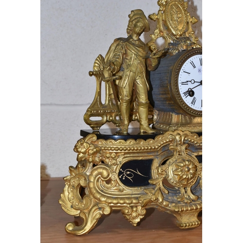 380 - TWO FRENCH ORMULU MANTEL CLOCKS, the figural eight day clocks each with a single figure and white en... 