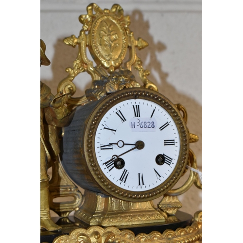 380 - TWO FRENCH ORMULU MANTEL CLOCKS, the figural eight day clocks each with a single figure and white en... 