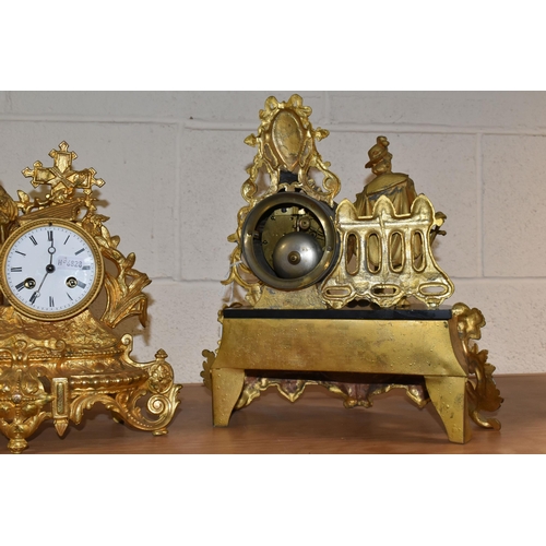 380 - TWO FRENCH ORMULU MANTEL CLOCKS, the figural eight day clocks each with a single figure and white en... 