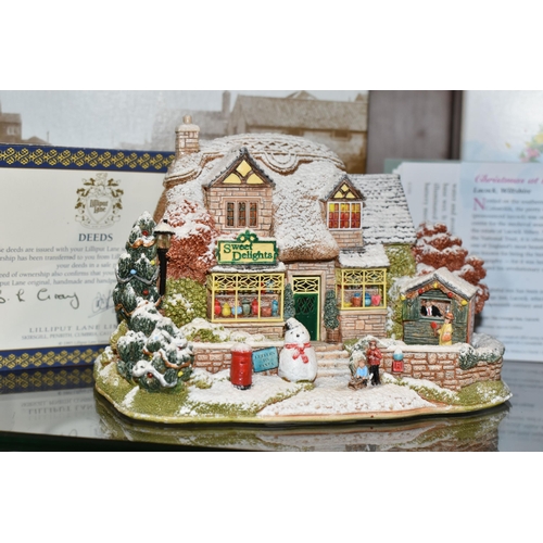 381 - FOUR BOXED LILLIPUT LANE SCULPTURES FROM ILLUMINATED COTTAGES COLLECTION, all with deeds, comprising... 