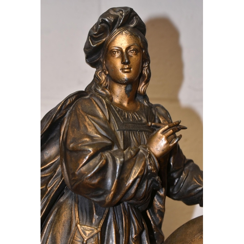 388 - A BRONZED SPELTER SCULPTURE OF AN ARTIST, standing with paintbrush and artwork, resting on a classic... 