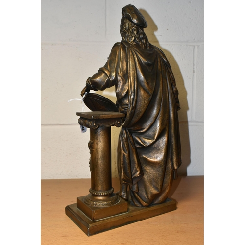 388 - A BRONZED SPELTER SCULPTURE OF AN ARTIST, standing with paintbrush and artwork, resting on a classic... 