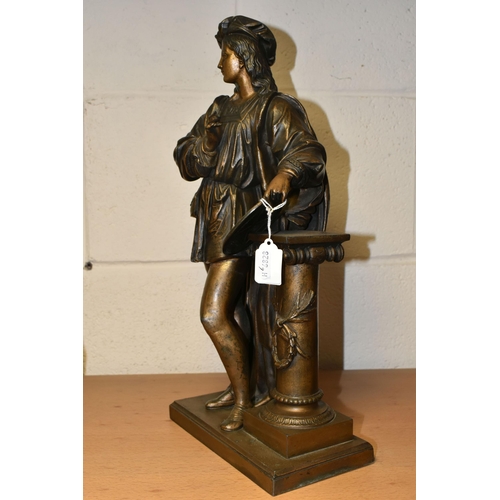 388 - A BRONZED SPELTER SCULPTURE OF AN ARTIST, standing with paintbrush and artwork, resting on a classic... 