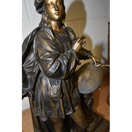 388 - A BRONZED SPELTER SCULPTURE OF AN ARTIST, standing with paintbrush and artwork, resting on a classic... 