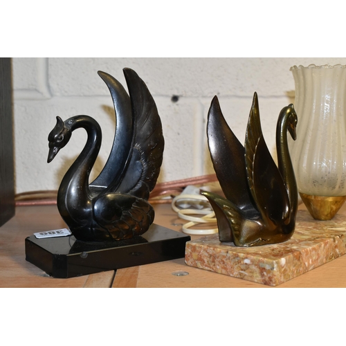 389 - A FRENCH ART DECO TABLE LAMP AND BOOKENDS, the lamp with frosted glass tulip shaped lampshade and br... 