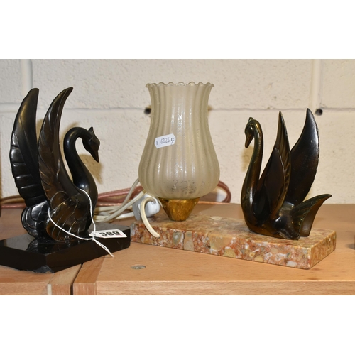 389 - A FRENCH ART DECO TABLE LAMP AND BOOKENDS, the lamp with frosted glass tulip shaped lampshade and br... 