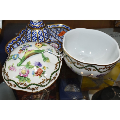 392 - A DRESDEN PORCELAIN INKWELL AND COVERED BOWL, both bearing SP Dresden printed backstamps, comprising... 