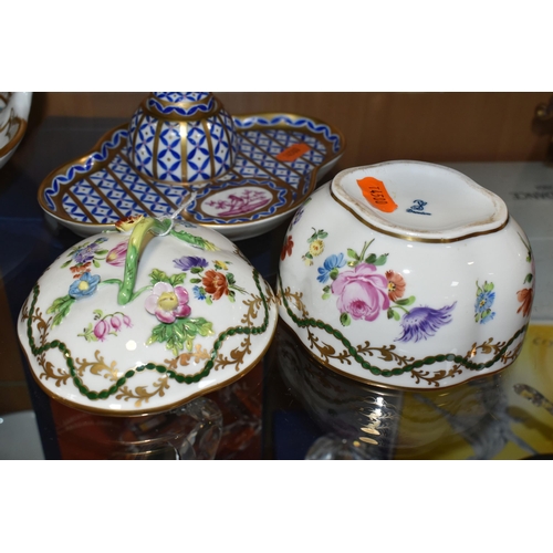 392 - A DRESDEN PORCELAIN INKWELL AND COVERED BOWL, both bearing SP Dresden printed backstamps, comprising... 