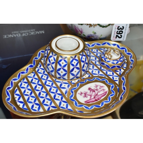 392 - A DRESDEN PORCELAIN INKWELL AND COVERED BOWL, both bearing SP Dresden printed backstamps, comprising... 