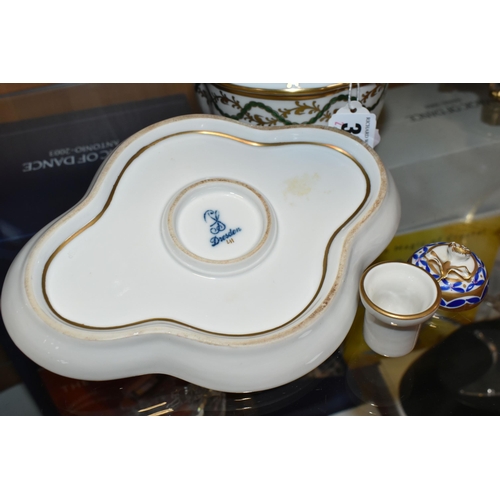 392 - A DRESDEN PORCELAIN INKWELL AND COVERED BOWL, both bearing SP Dresden printed backstamps, comprising... 