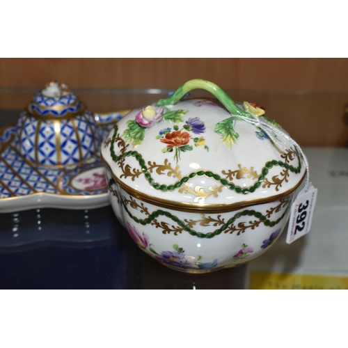 392 - A DRESDEN PORCELAIN INKWELL AND COVERED BOWL, both bearing SP Dresden printed backstamps, comprising... 