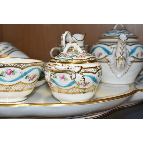 393 - A NINETEENTH CENTURY CABARET SET, hand painted with pink roses and blue ribbon garlands, marked with... 