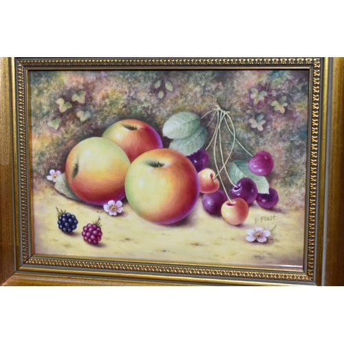 395 - A FRAMED ROYAL WORCESTER FALLEN FRUITS HAND PAINTED PLAQUE, painted with apples, cherries and blackb... 